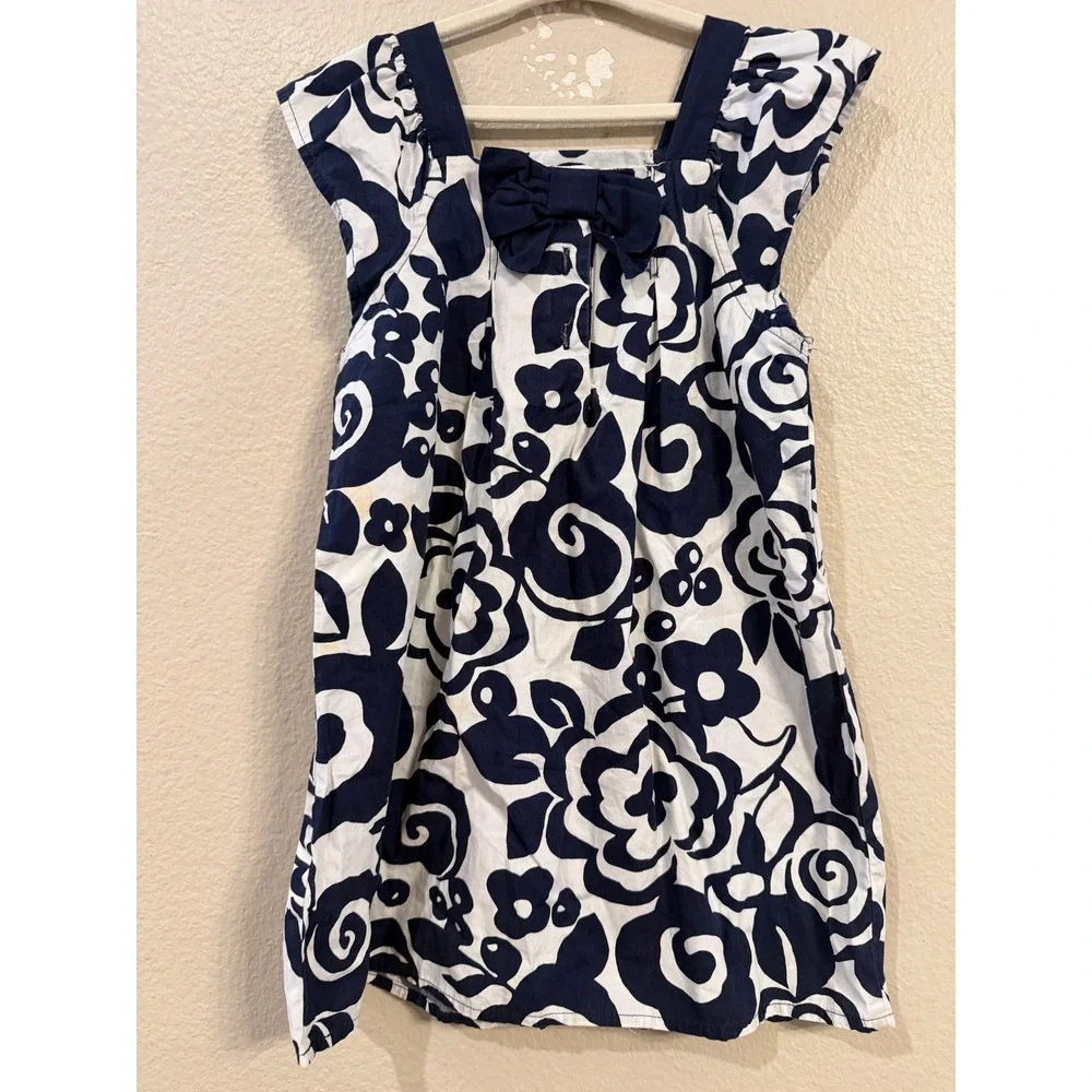 Gymboree Girls Navy Blue White Floral Cotton Dress Bow Back Size 5T